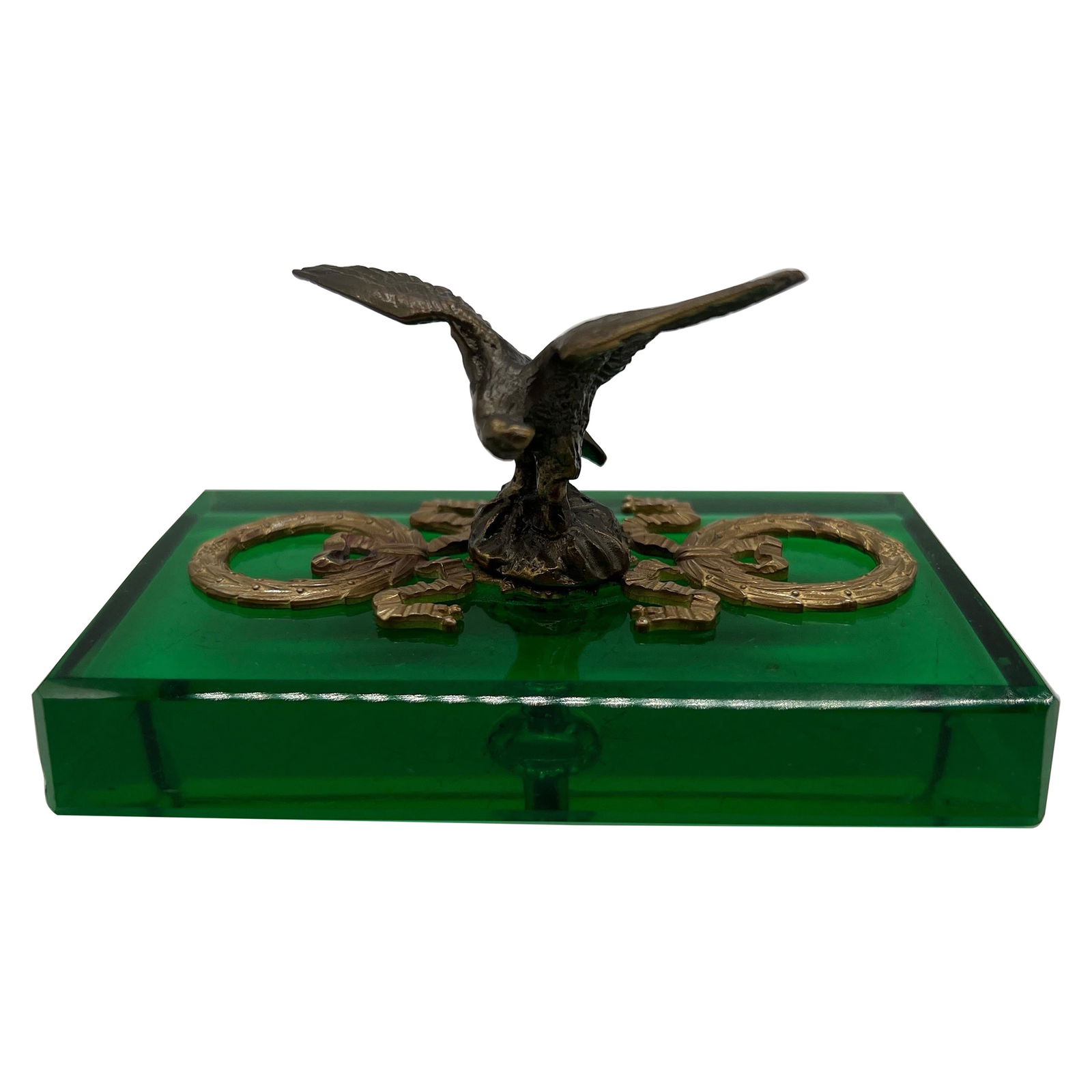 Antique French Empire Eagle Motif Gilt Bronze Emerald Glass Paperweight (1 of 6)
