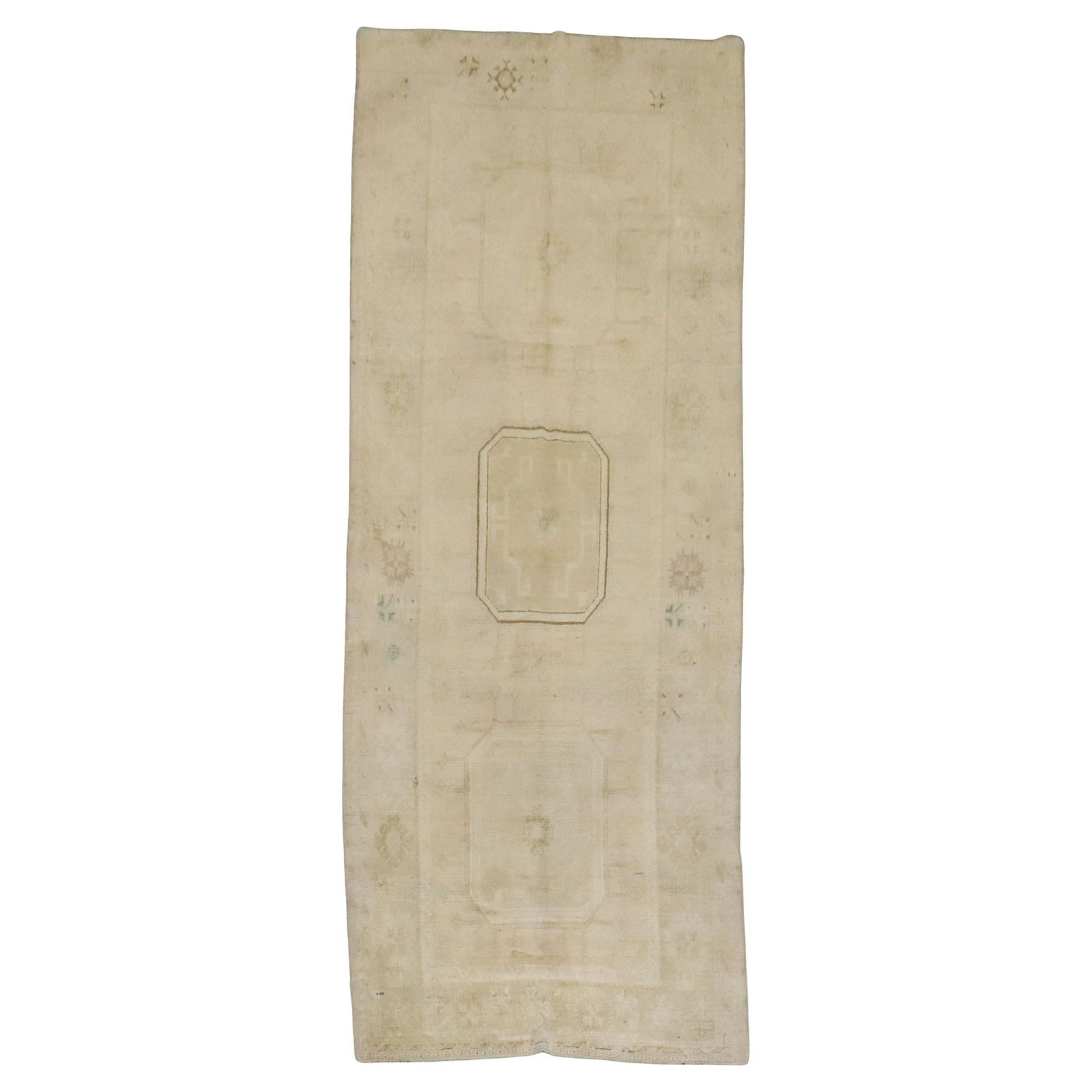 Pale Vintage Turkish Oushak Hand-Knotted Wool Runner 56 x 148: Pale Vintage Turkish Oushak Hand-Knotted Wool Runner 56 x 148 Discover the elegance of this vintage Turkish Oushak wide runner, perfect for adding character to your home. Crafted from high-quality woo