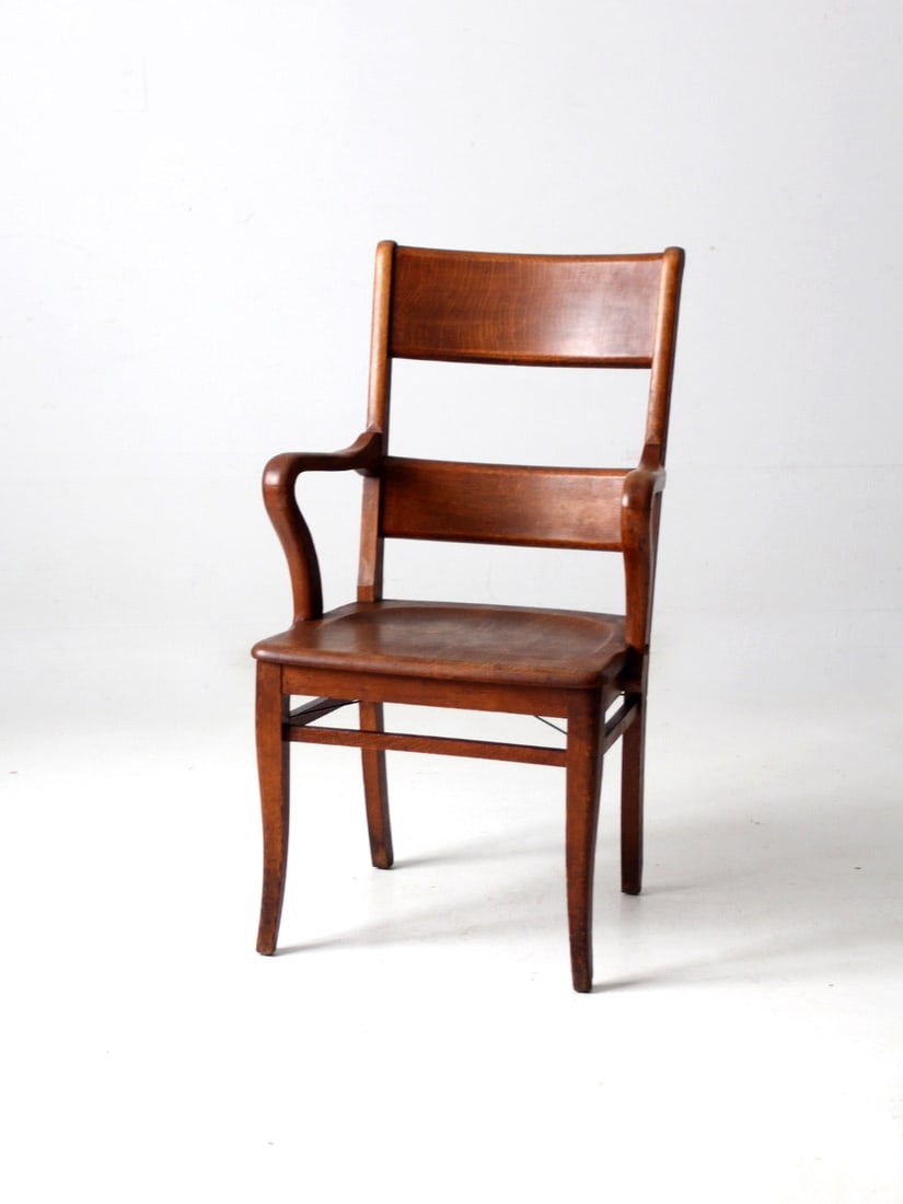 1890s Antique Oak Office Chair with Curving Arms and Slat Back (1 of 10)