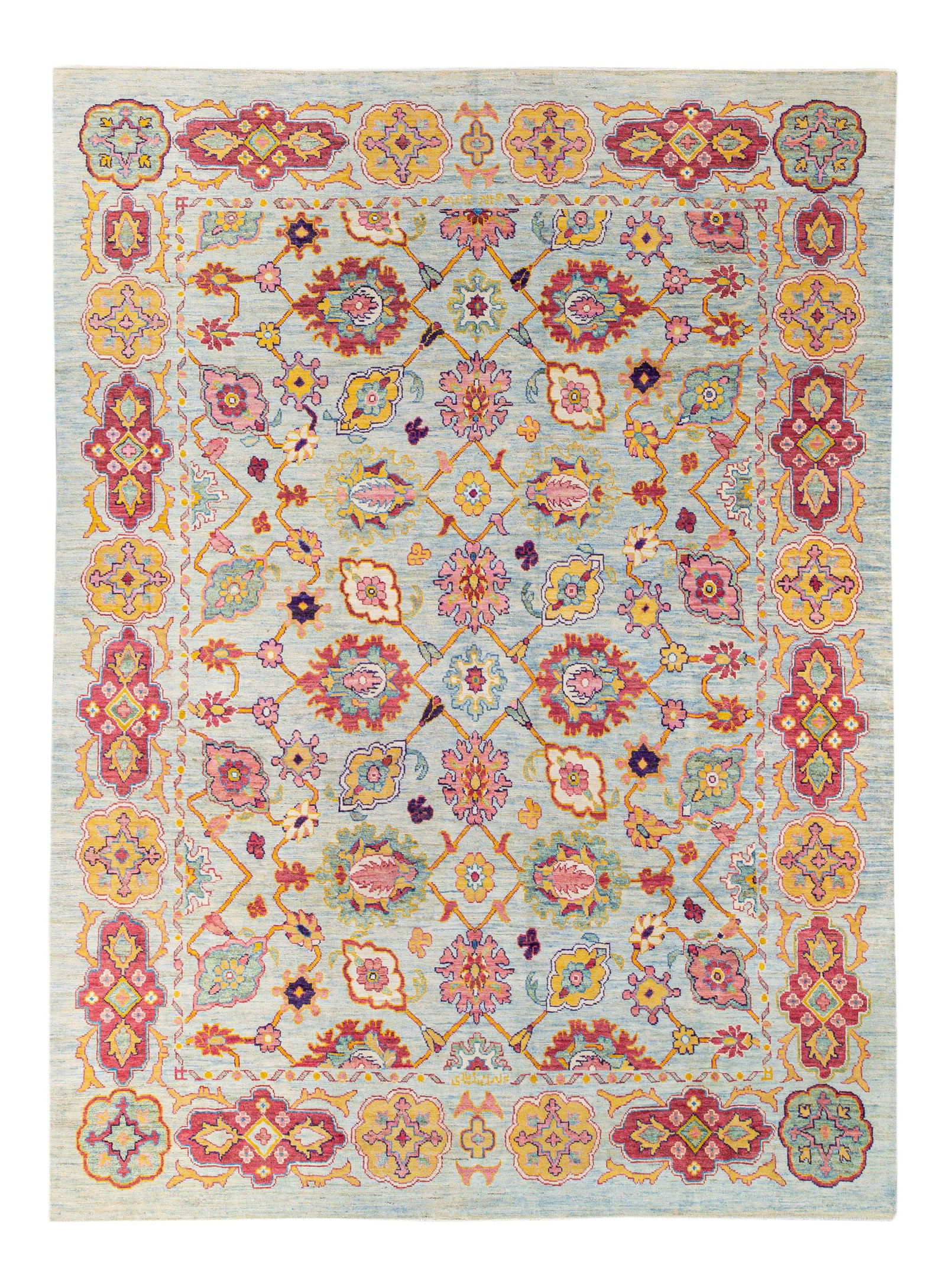 Oversize Modern Oushak Hand-Knotted Wool Rug Blue Floral Design 11'8 x 15'11: Oversize Modern Oushak Hand-Knotted Wool Rug Blue Floral Design 11'8 x 15'11 Enhance your living space with this stunning Modern Oushak Handmade Geometric Floral Wool Rug. Featuring a captivating blue