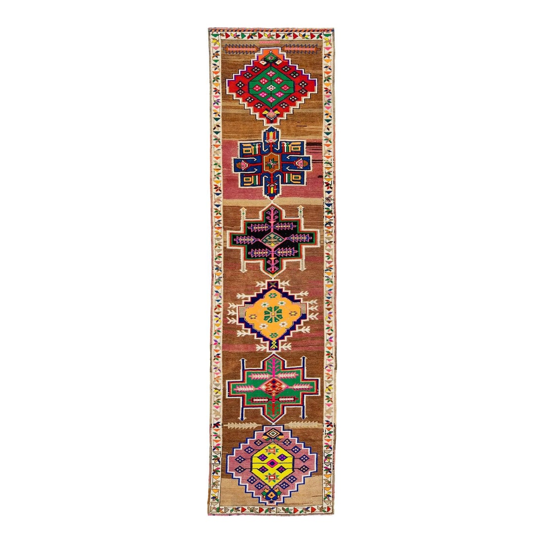 Mid-Century Vintage Turkish Wool Runner Rug 2'10 x 11'1 Brown Geometric: Mid-Century Vintage Turkish Wool Runner Rug 2'10 x 11'1 Brown Geometric This stunning mid-20th century vintage runner rug is expertly hand-knotted from high-quality wool, offering both durability and