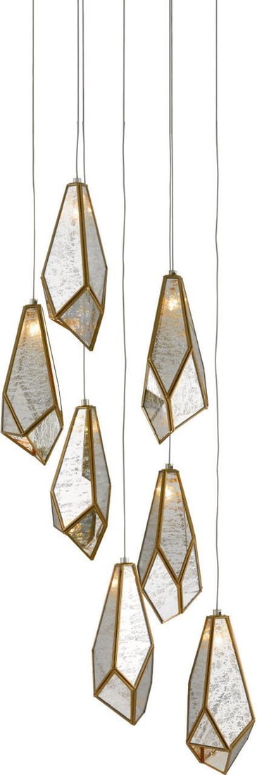 Currey Glace Brass Round Multi-Drop Pendant Lighting 7-Light: Currey Glace Brass Round Multi-Drop Pendant Lighting 7-Light Illuminate your space with this stunning Mirror Brass Pendant Lighting, designed in a charming antique style. This 7-light multi-drop penda
