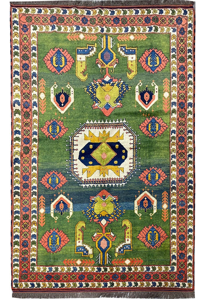 6 x 8 Handmade Green Wool Kazak Rug: 6 x 8 Handmade Green Wool Kazak Rug Free continental US Shipping Enhance your space with this exquisite 6 x 8 green wool handmade Kazak rug. Crafted with care, this rug features a vibrant green hue, m