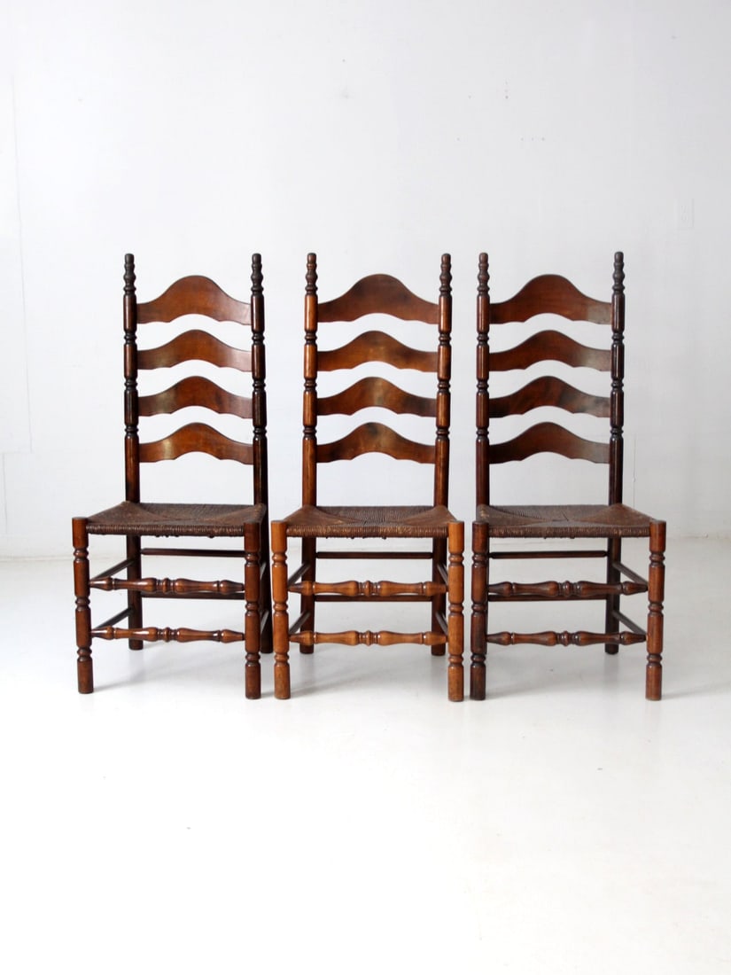 Set of 3 Antique French Country Ladder Back Chairs with Rush Seats (1 of 14)