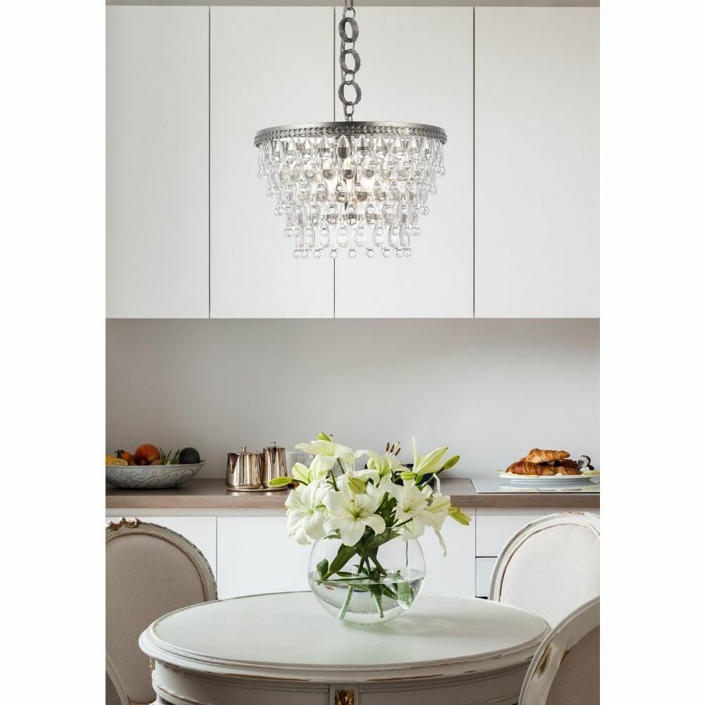 Living District Nordic Antique Silver 5-Light Chandelier 19 inch: Living District Nordic Antique Silver 5-Light Chandelier 19 inch Illuminate your space with this stunning Antique Silver Chandelier featuring Royal Cut Clear Crystal Drops. This modern pendant light f