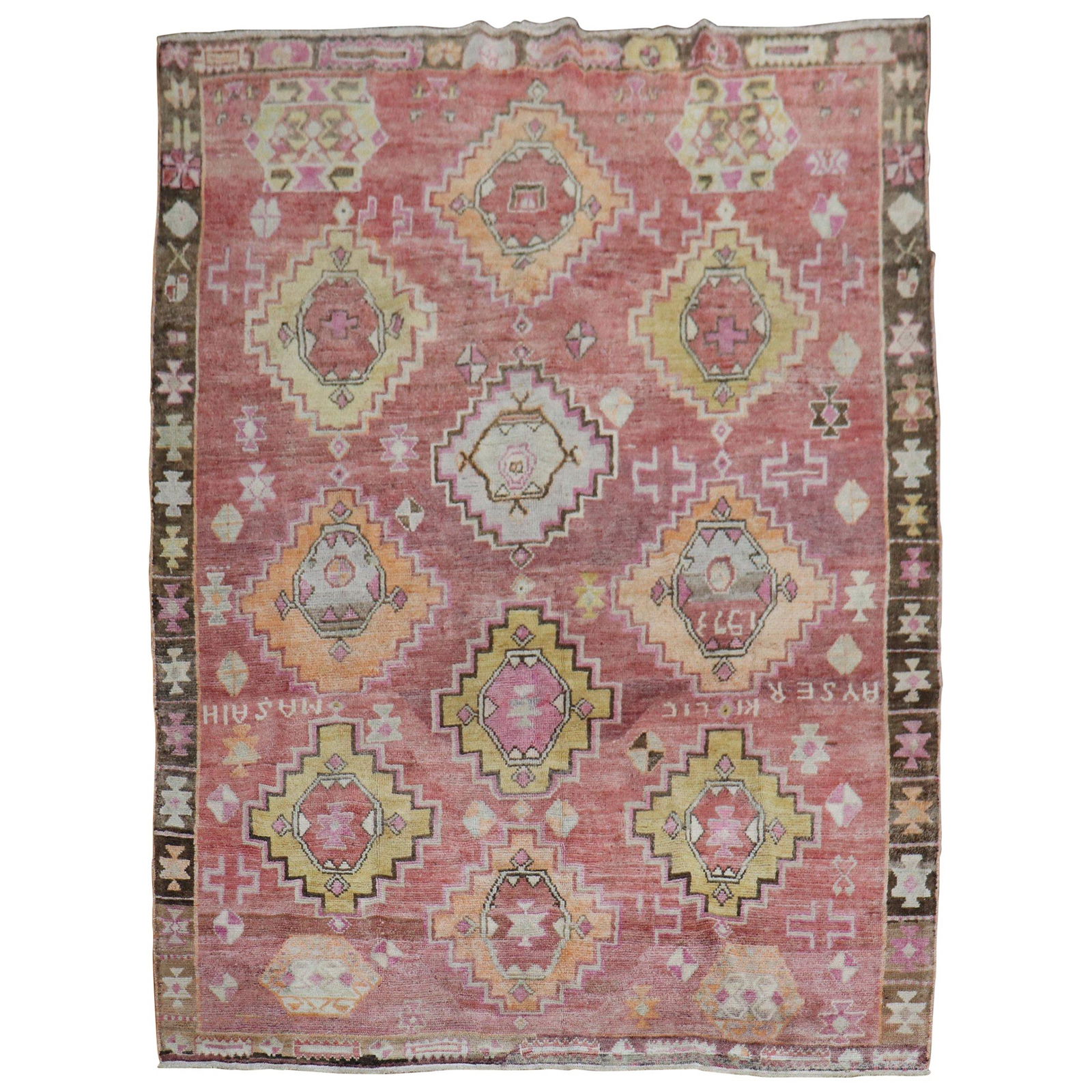 Vintage Hand-Knotted Turkish Tribal Geometric Rug 82 x 106: Vintage Hand-Knotted Turkish Tribal Geometric Rug 82 x 106 This stunning vintage Turkish room size rug features a geometric design that adds a touch of tribal elegance to any space. Hand-knotted from