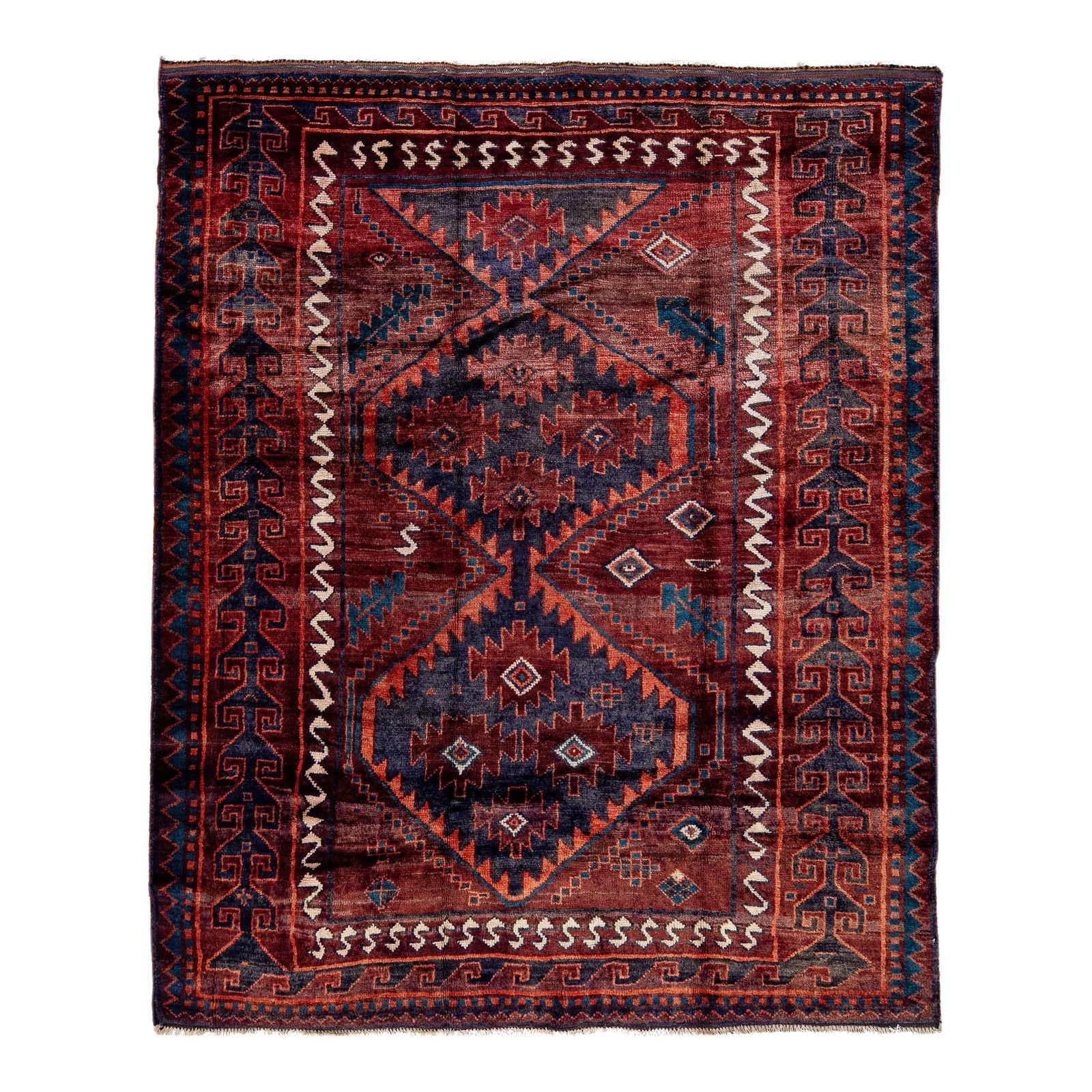 Vintage Handmade Persian Geometric Wool Rug Red 5'9 x 6'10: Vintage Handmade Persian Geometric Wool Rug Red 5'9 x 6'10 Discover the beauty of this Vintage Handmade Persian Wool Rug, featuring a striking red field adorned with multicolored geometric patterns. T