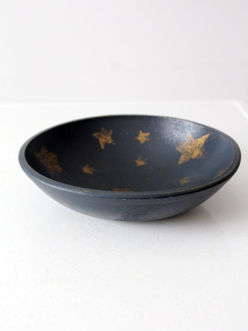 Vintage Hand-Painted Wooden Bowl Midnight Blue with Gold Stars: Vintage Hand-Painted Wooden Bowl Midnight Blue with Gold Stars This vintage hand-painted wooden bowl features a striking primitive midnight blue finish adorned with hand-painted gold stars, making it