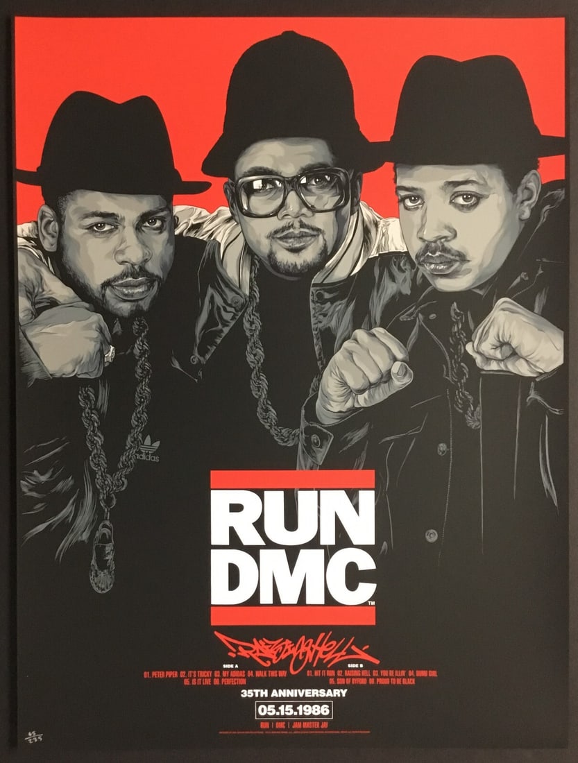 RUN DMC 35th Anniversary Raising Hell 1986 Poster Print by Ken Taylor Limited Edition 65 of 235: RUN DMC 35th Anniversary Raising Hell 1986 Poster Print by Ken Taylor Limited Edition 65 of 235 Celebrate the iconic legacy of RUN DMC with this original multi-color screenprint poster commemorating t