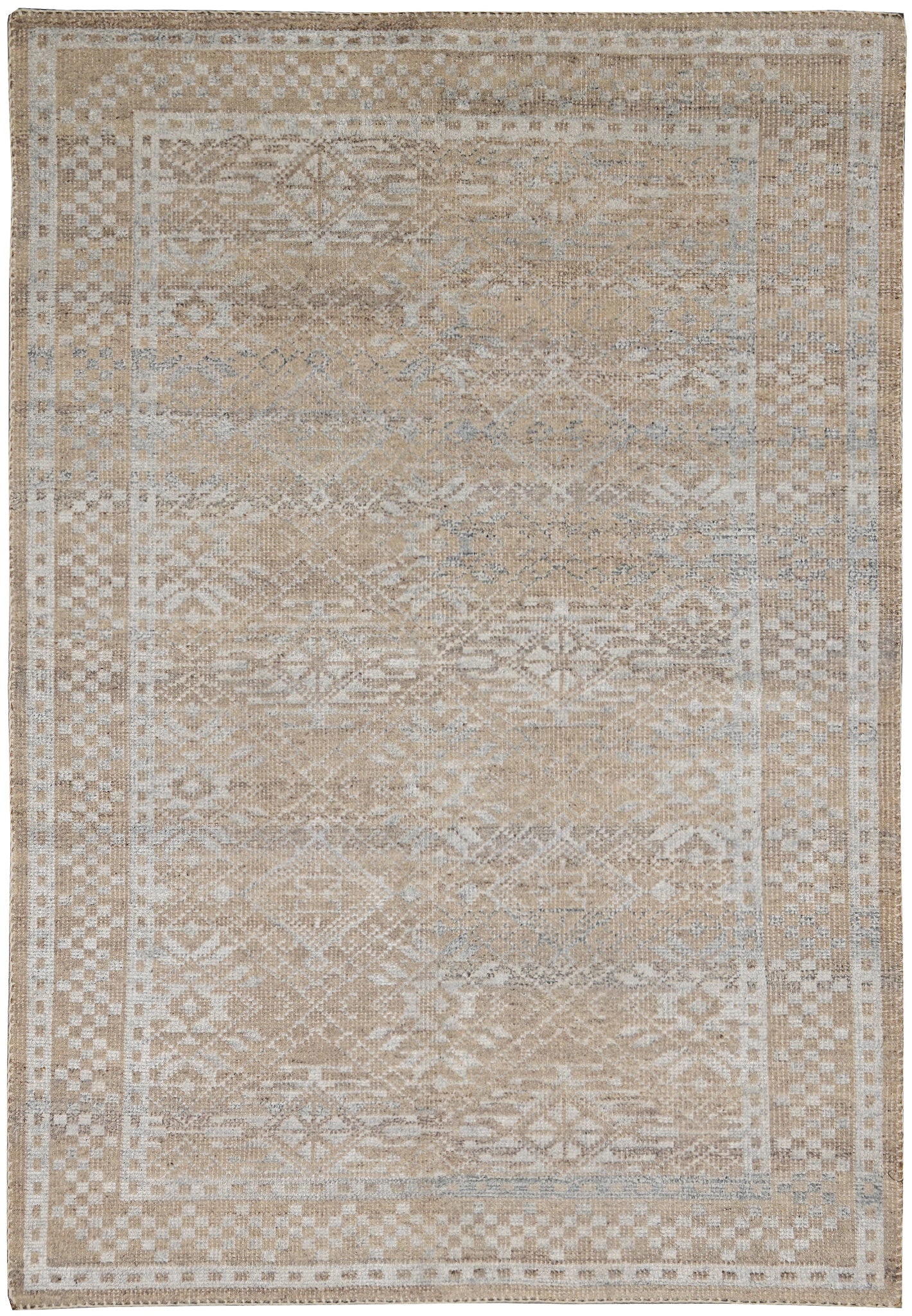 5.2 x 7 Handmade Modern Wool Agra Rug: 5.2 x 7 Handmade Modern Wool Agra Rug Free continental US Shipping Enhance your living space with this exquisite handmade Agra modern wool rug. Measuring 5.2 x 7 feet, this rug combines traditional cr