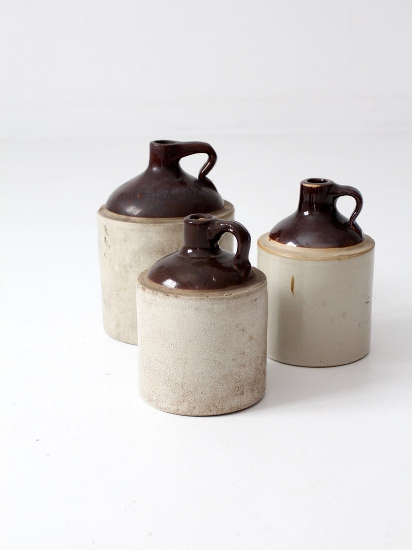 Set of 3 Antique Stoneware Crock Jugs with Brown Albany Slip Tops (1 of 6)