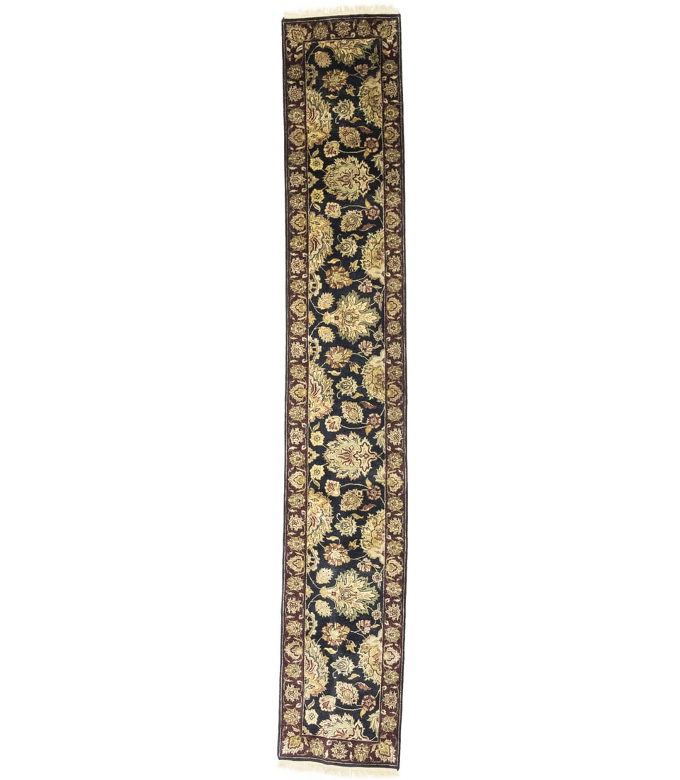 Hand-Knotted Floral Runner Rug 2'6 x 15'6 Wool Charcoal Maroon Eco-Friendly: Hand-Knotted Floral Runner Rug 2'6 x 15'6 Wool Charcoal Maroon Eco-Friendly Enhance your living space with this exquisite Classic Design Agra Jaipur Oriental Runner Rug. Measuring 2'6" x 15'6", this h
