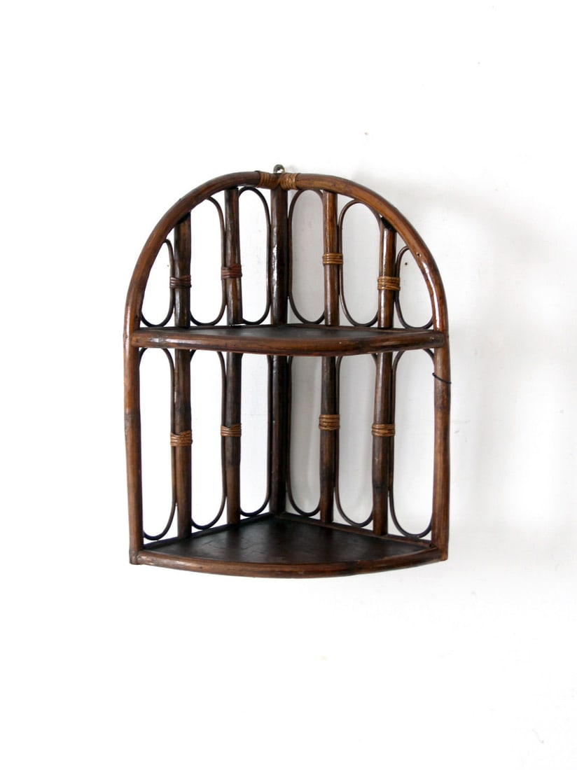 Mid Century Rattan Corner Shelf Vintage Boho Wall Display (1 of 11)