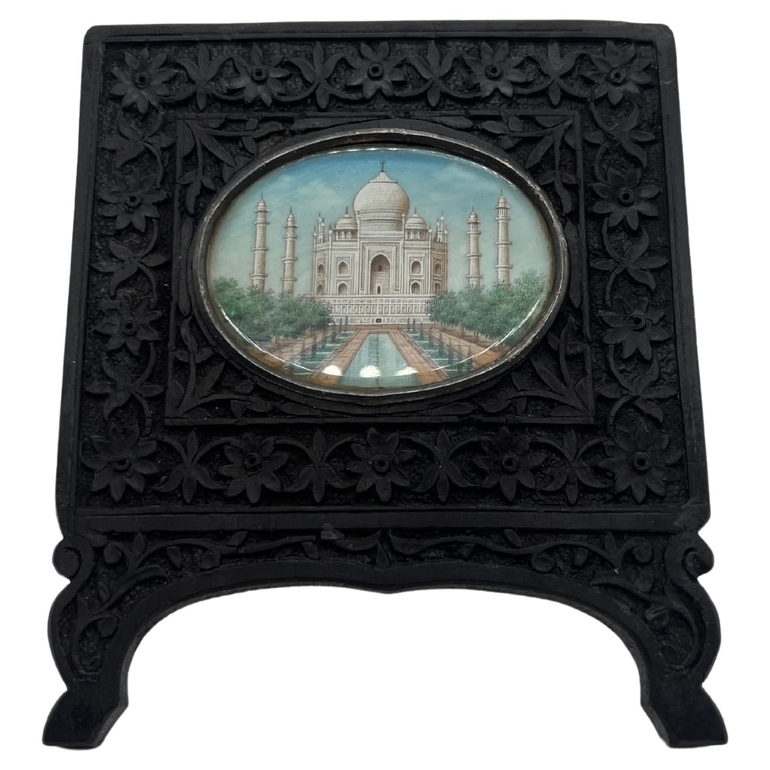 Antique 19th Century Miniature Taj Mahal Painting in Carved Rosewood Frame: Antique 19th Century Miniature Taj Mahal Painting in Carved Rosewood Frame Discover the charm of the 19th century with this exquisite Anglo-Indian Grand Tour Era Miniature Taj Mahal Painting, beautifu