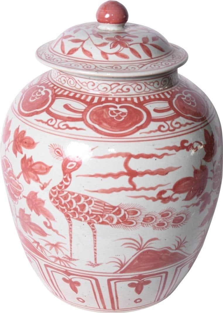 Handmade Coral Red Ceramic Ginger Jar with Bird Motif: Handmade Coral Red Ceramic Ginger Jar with Bird Motif This exquisite traditional large coral ginger jar features a stunning design adorned with birds, making it a perfect decorative piece for any home