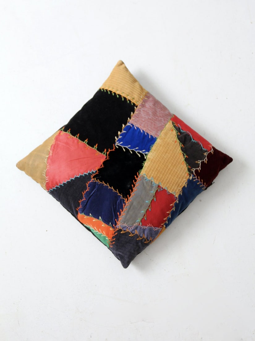 Victorian Era Crazy Quilt Embroidered Throw Pillow with Plush Black Back (1 of 9)
