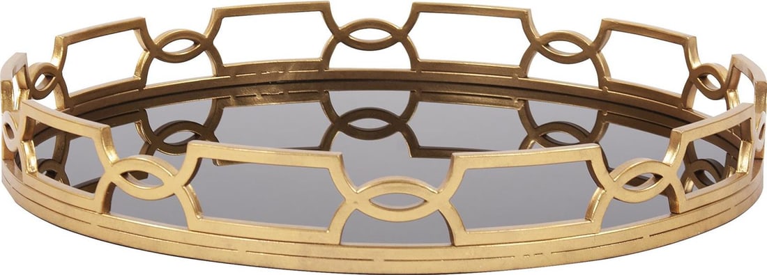 Howard Elliott Round Gold Mirror Tray Bright Polished Art Deco Style (1 of 4)