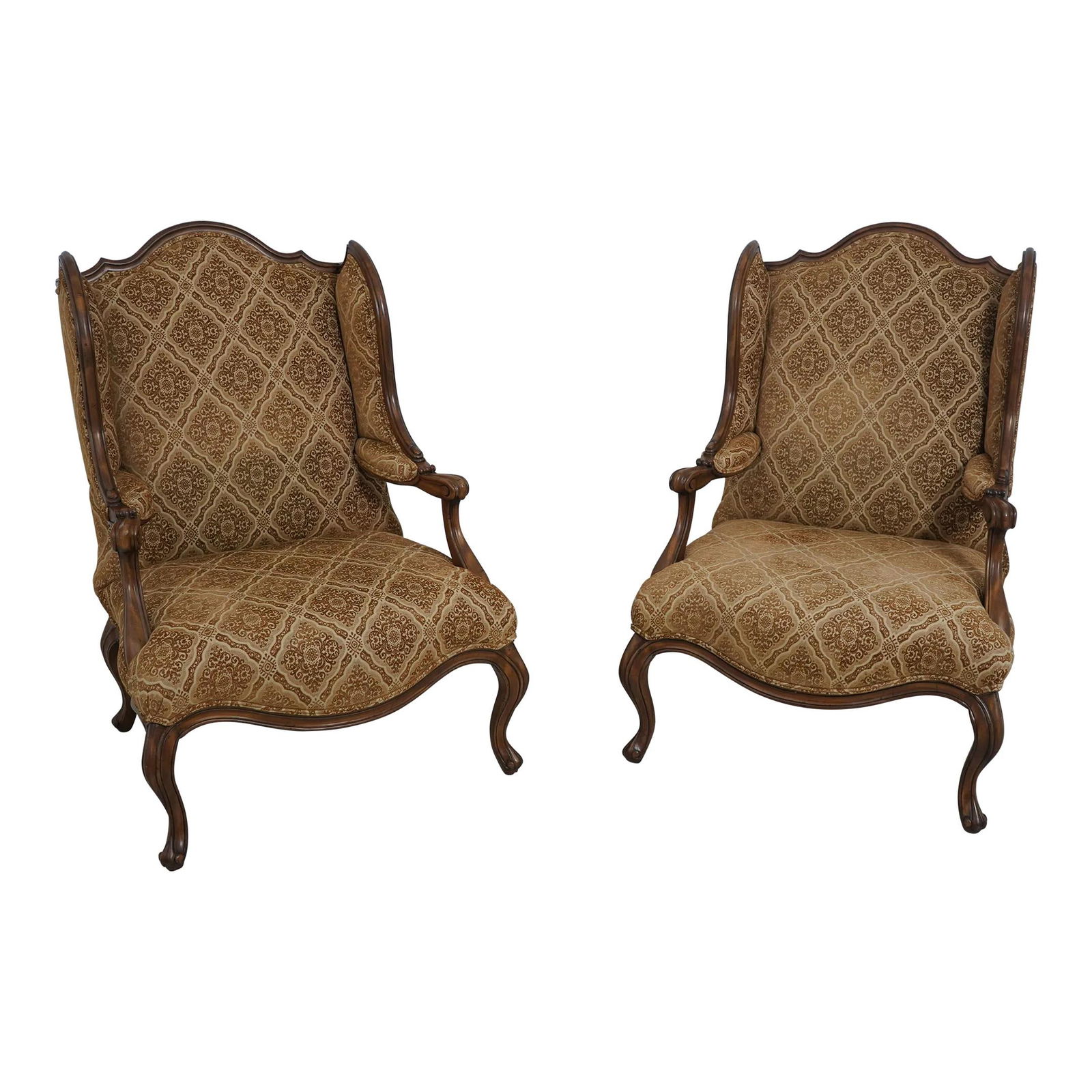 Tomlinson French Style Large Throne Wing Chairs Pair Gold Upholstery (1 of 10)