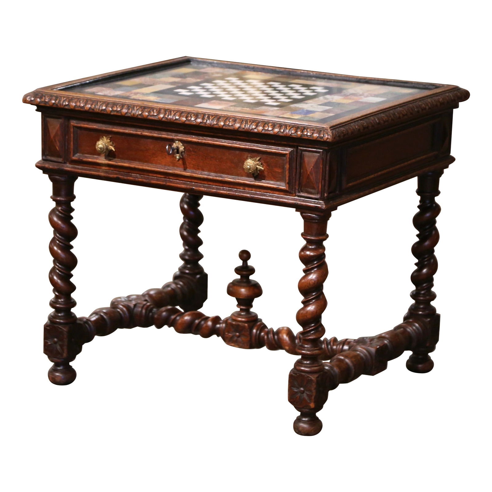 18th Century French Louis XIII Onyx Marble Top Carved Oak Game Table (1 of 18)