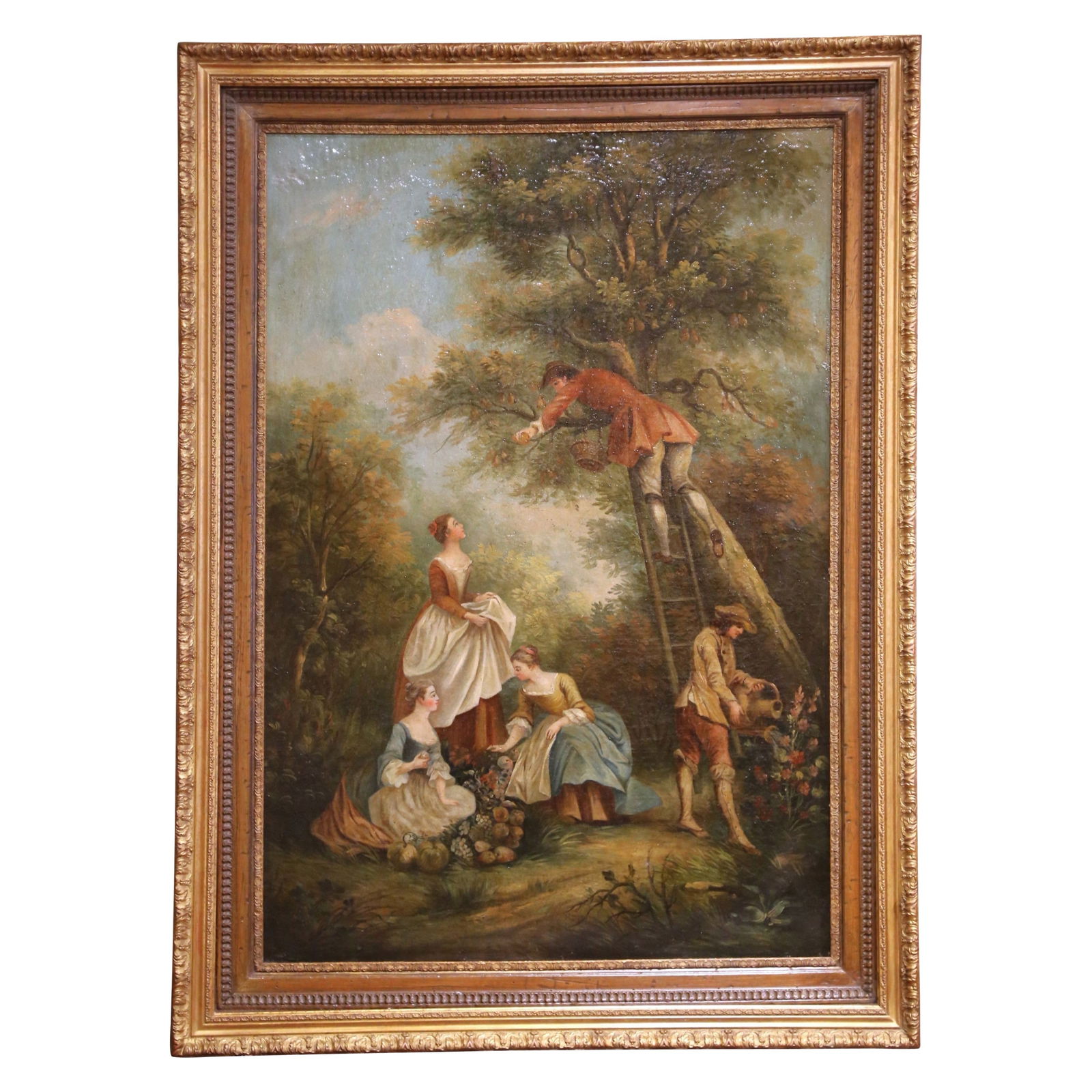 18th Century French Oil Painting Pear Picking After Boucher Rococo Style: 18th Century French Oil Painting Pear Picking After Boucher Rococo Style This exquisite 18th Century French oil on canvas painting, titled "Pear Picking," is a stunning homage to the artistry of Franc
