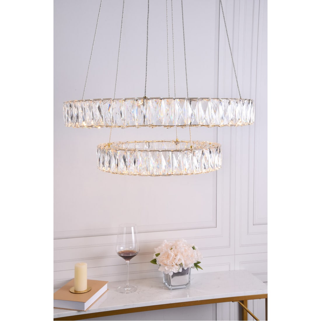 Monroe 23.6" Crystal LED Chandelier Gold Finish for Dining or Foyer: Monroe 23.6" Crystal LED Chandelier Gold Finish for Dining or Foyer This modern chandelier features a striking gold finish with a stainless steel frame adorned with royal-cut clear crystals. The fixtu