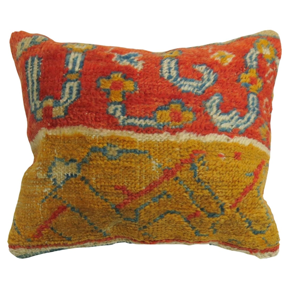 Antique Oushak Pillow Coral Gold Hand-Knotted 20th Century 16x20: Antique Oushak Pillow Coral Gold Hand-Knotted 20th Century 16x20 This exquisite pillow is crafted from an early 20th-century coral and gold antique Oushak rug, showcasing a beautiful archaistic style.