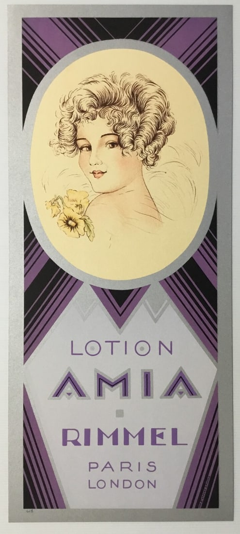 RE Society Rimmel Lotion Amia Purple Art Deco Lithograph Numbered 618: RE Society Rimmel Lotion Amia Purple Art Deco Lithograph Numbered 618 This striking hand-pulled lithograph titled "Rimmel Lotion Amia Purple" by the RE Society captures the essence of Art Deco style w