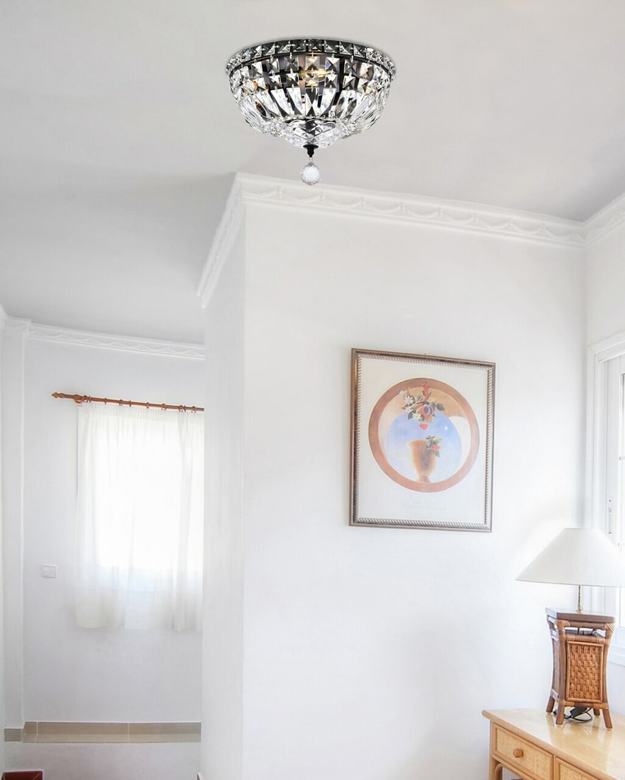 Tranquil 4-Light Flush Mount Black Frame 12-Inch Crystal: Tranquil 4-Light Flush Mount Black Frame 12-Inch Crystal Illuminate your space with this stunning 4-light flush mount chandelier, designed in a modern style with a sleek black frame and beautiful roya