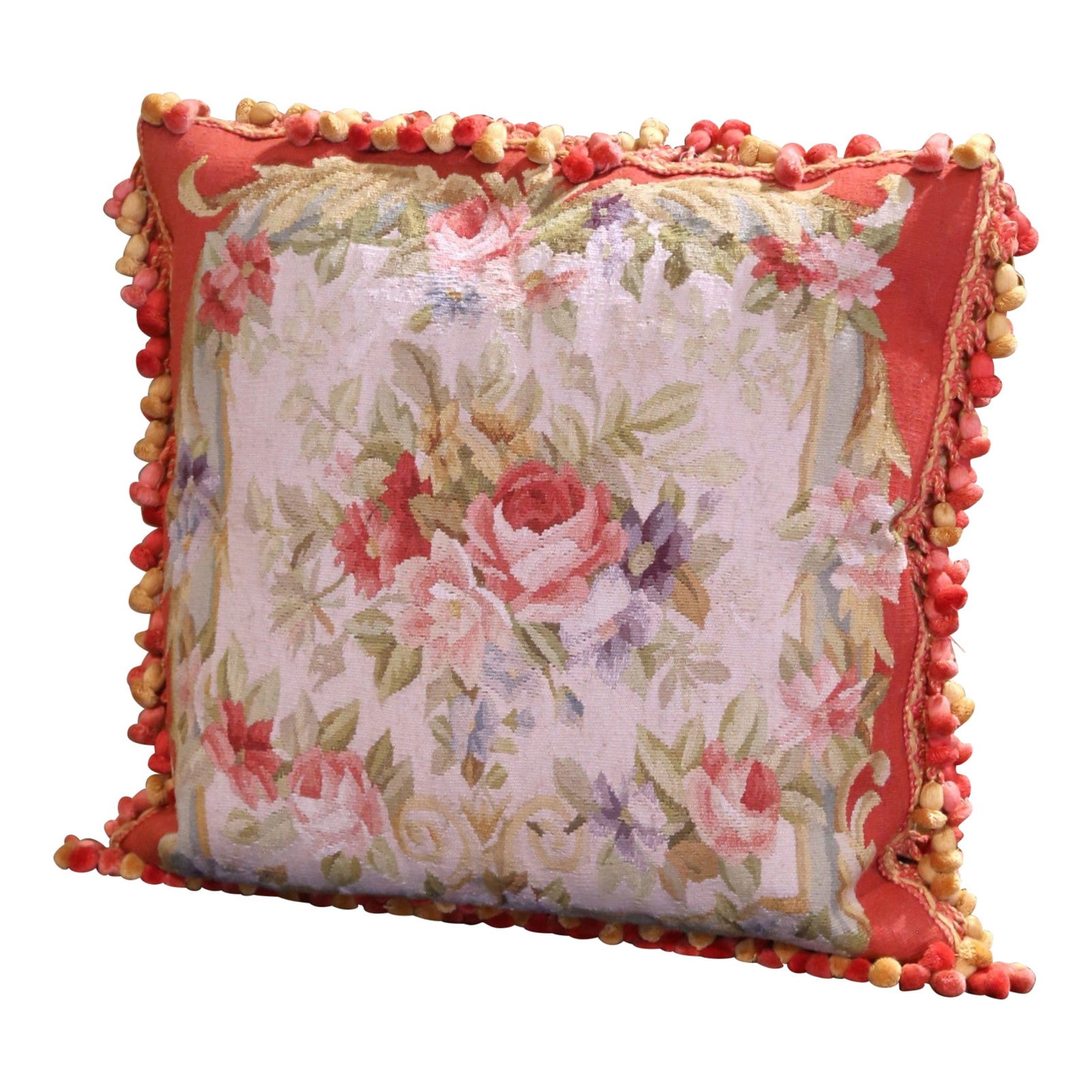 Vintage Aubusson Tapestry Pillow with Trim and Tassels 19 x 18 inches: Vintage Aubusson Tapestry Pillow with Trim and Tassels 19 x 18 inches Enhance your home decor with this exquisite vintage floral tapestry pillow, crafted in the renowned Aubusson region of France. Thi