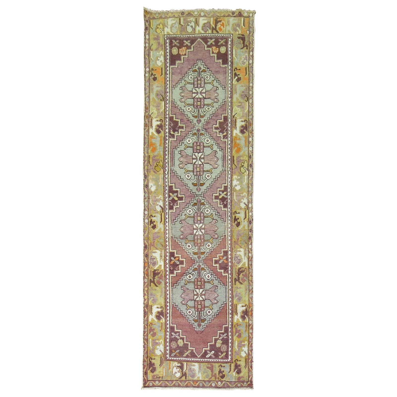 Mid-Century Oushak Wool Turkish Runner Purple Geometric 3 x 9'8: Mid-Century Oushak Wool Turkish Runner Purple Geometric 3 x 9'8 This exquisite mid-20th century wool Turkish runner features a striking geometric design set against a vibrant purple field. The runner