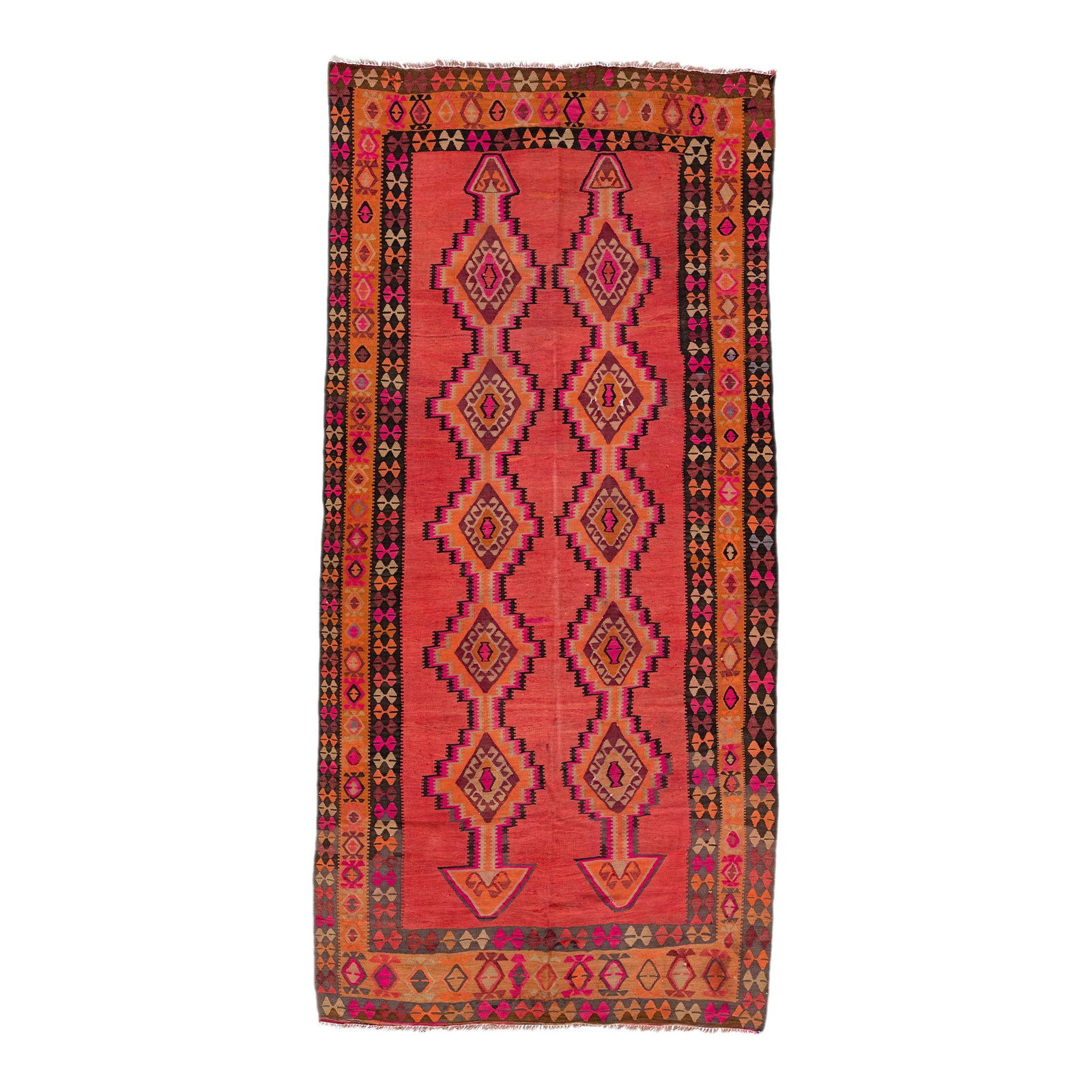 1960s Handmade Turkish Kilim Orange Tribal Wool Rug 6'2 x 12'7: 1960s Handmade Turkish Kilim Orange Tribal Wool Rug 6'2 x 12'7 Discover the charm of this stunning vintage Turkish Kilim rug, expertly hand-knotted from high-quality wool. Featuring a vibrant orange f