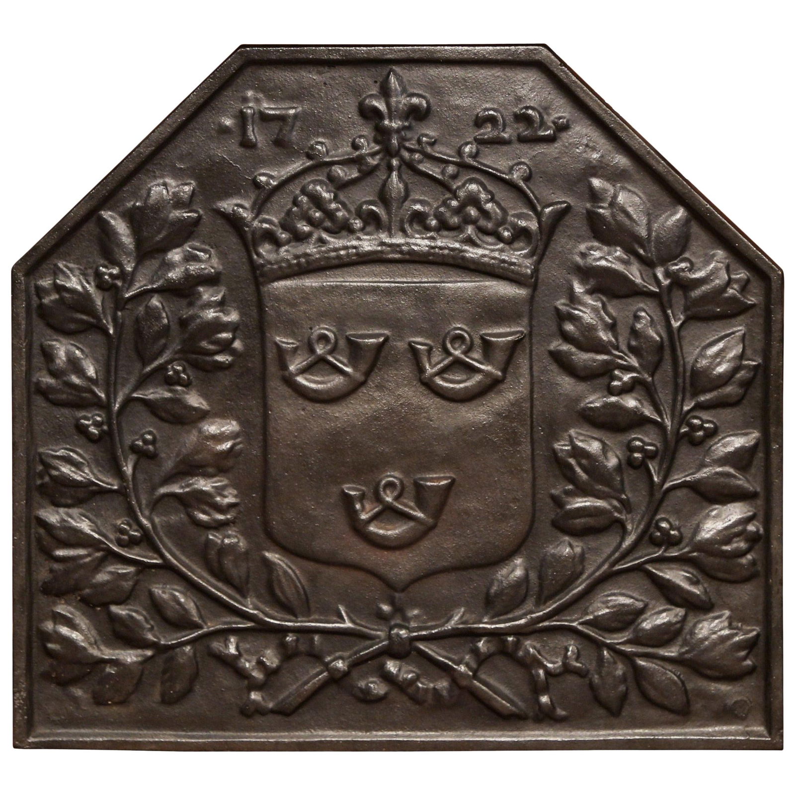 Antique 19th Century French Black Iron Fireback with Family Crest and Crown (1 of 7)