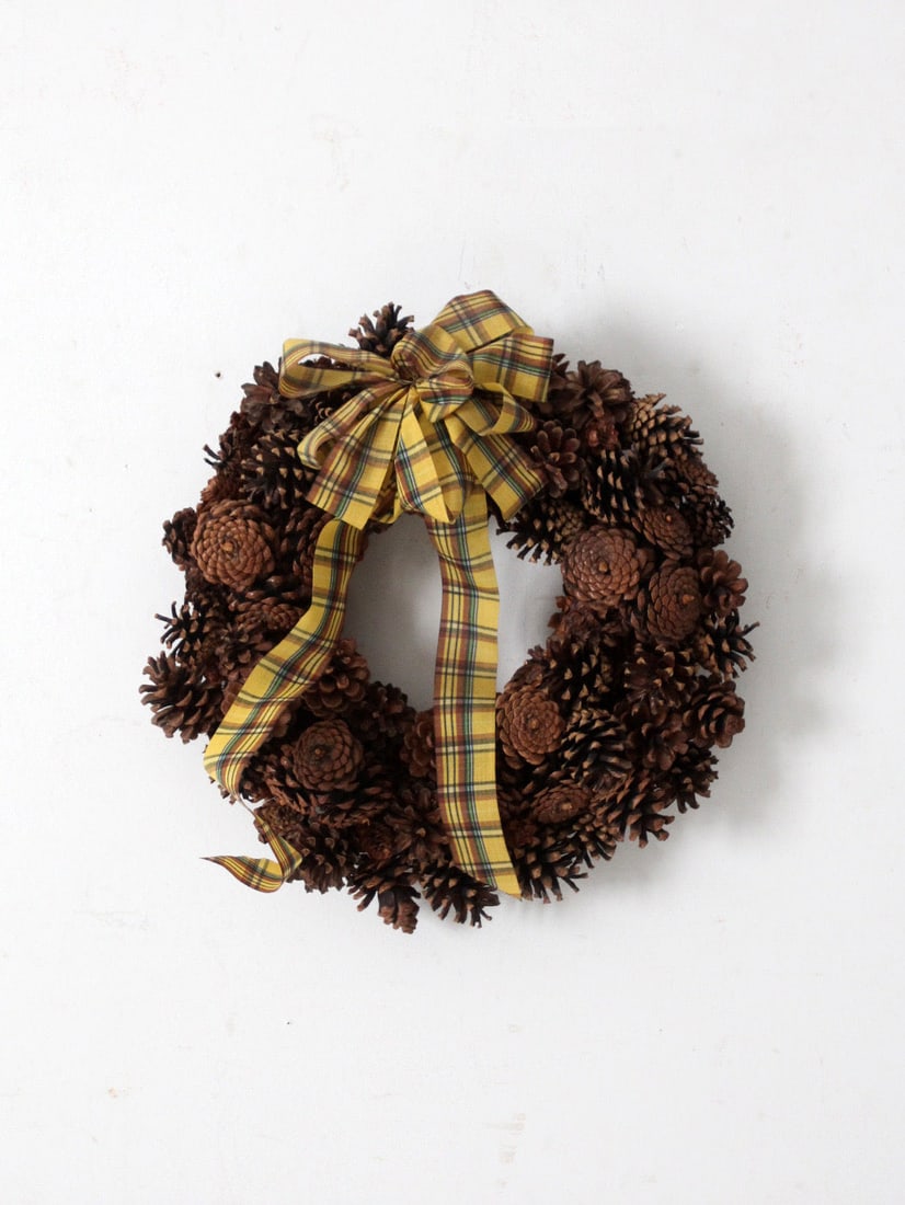 Vintage Pine Cone Wreath with Yellow Tartan Ribbon 14.5 Inch (1 of 7)