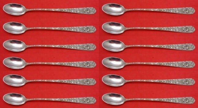 Stieff Rose Sterling Silver Iced Tea Spoon Set 12 Pieces 7.5": Stieff Rose Sterling Silver Iced Tea Spoon Set 12 Pieces 7.5" This exquisite set features 12 iced tea spoons crafted from high-quality sterling silver, beautifully designed in the classic Rose pattern