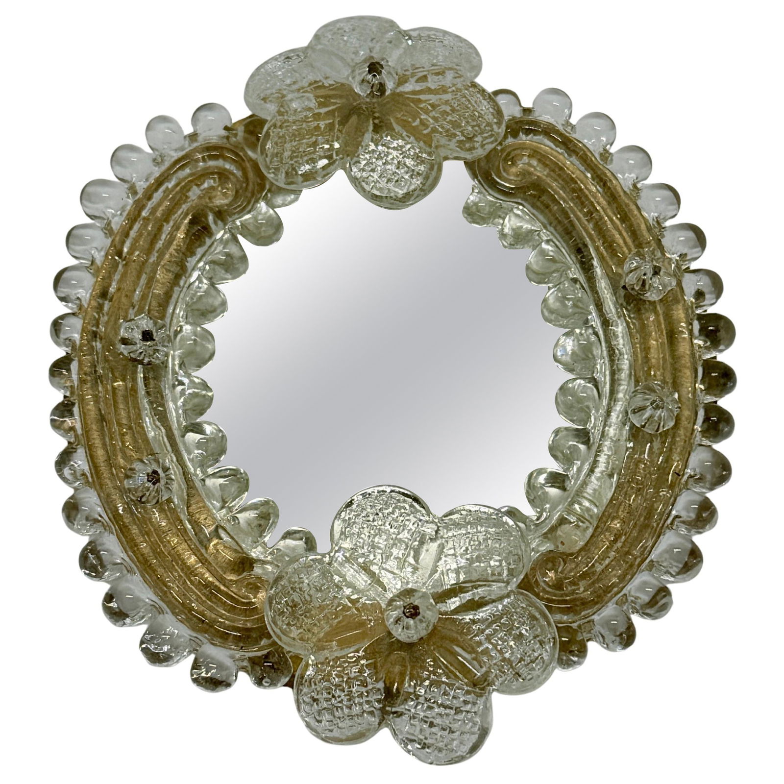 Murano Glass Sommerso Vintage Floral Wall Mirror Italian Mid-Century: Murano Glass Sommerso Vintage Floral Wall Mirror Italian Mid-Century This exquisite vintage petite wall mirror showcases a delightful combination of pink Venetian glass florets and a gold-flecked scal