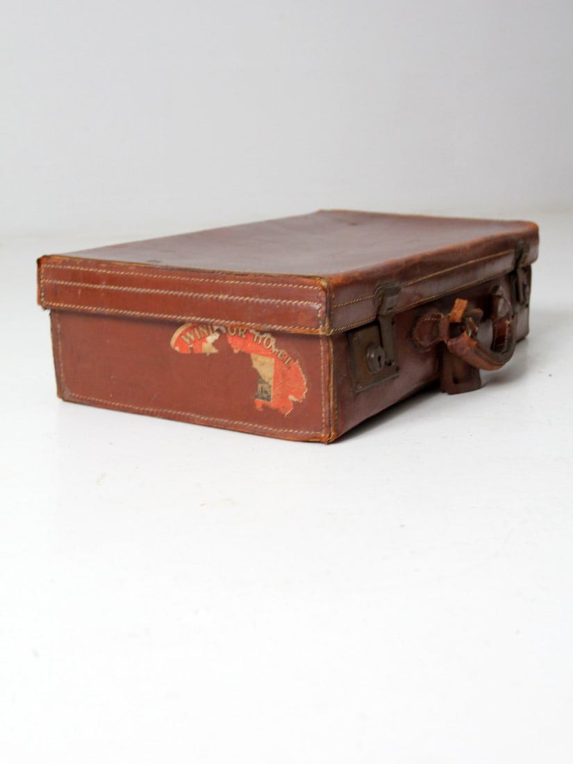 Early 20th Century Antique Leather Suitcase with Travel Stickers (1 of 10)