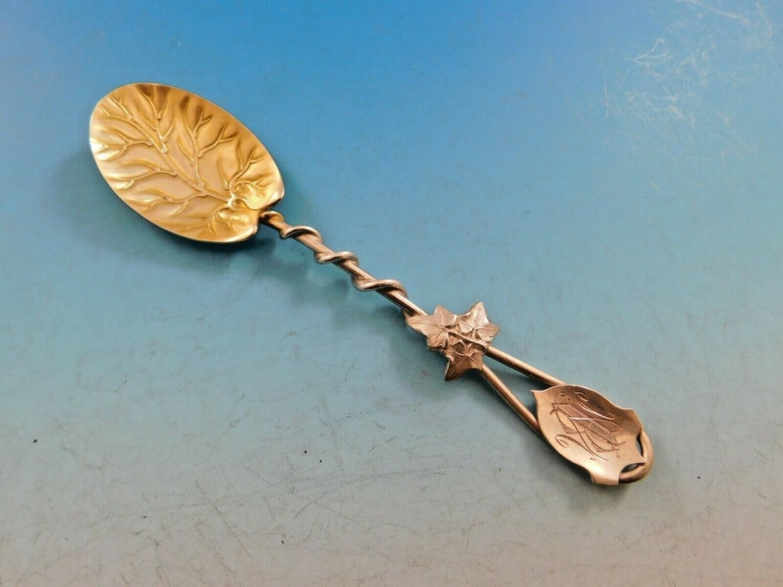 Gorham Sterling Silver Ice Cream Spoon #44 c. 1865 Gold-Washed Leaf Bowl: Gorham Sterling Silver Ice Cream Spoon #44 c. 1865 Gold-Washed Leaf Bowl This exquisite Gorham Art Silver ice cream spoon, crafted circa 1865, is a stunning addition to any collection. Made from high-