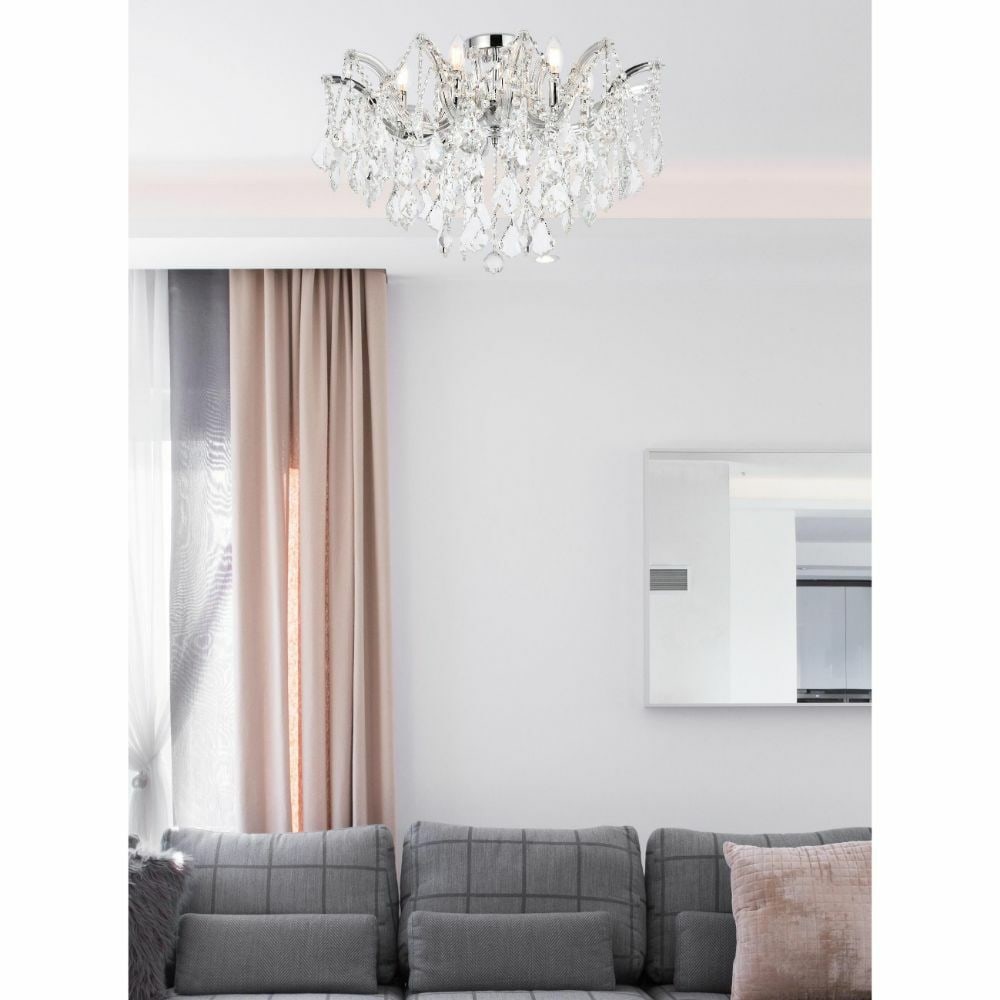 Maria Theresa 6 Light Chrome Flush Mount Chandelier 24 Inch: Maria Theresa 6 Light Chrome Flush Mount Chandelier 24 Inch Elevate your space with the stunning Maria Theresa Crystal Flush Mount Chandelier. This traditional-style chandelier features six lights and
