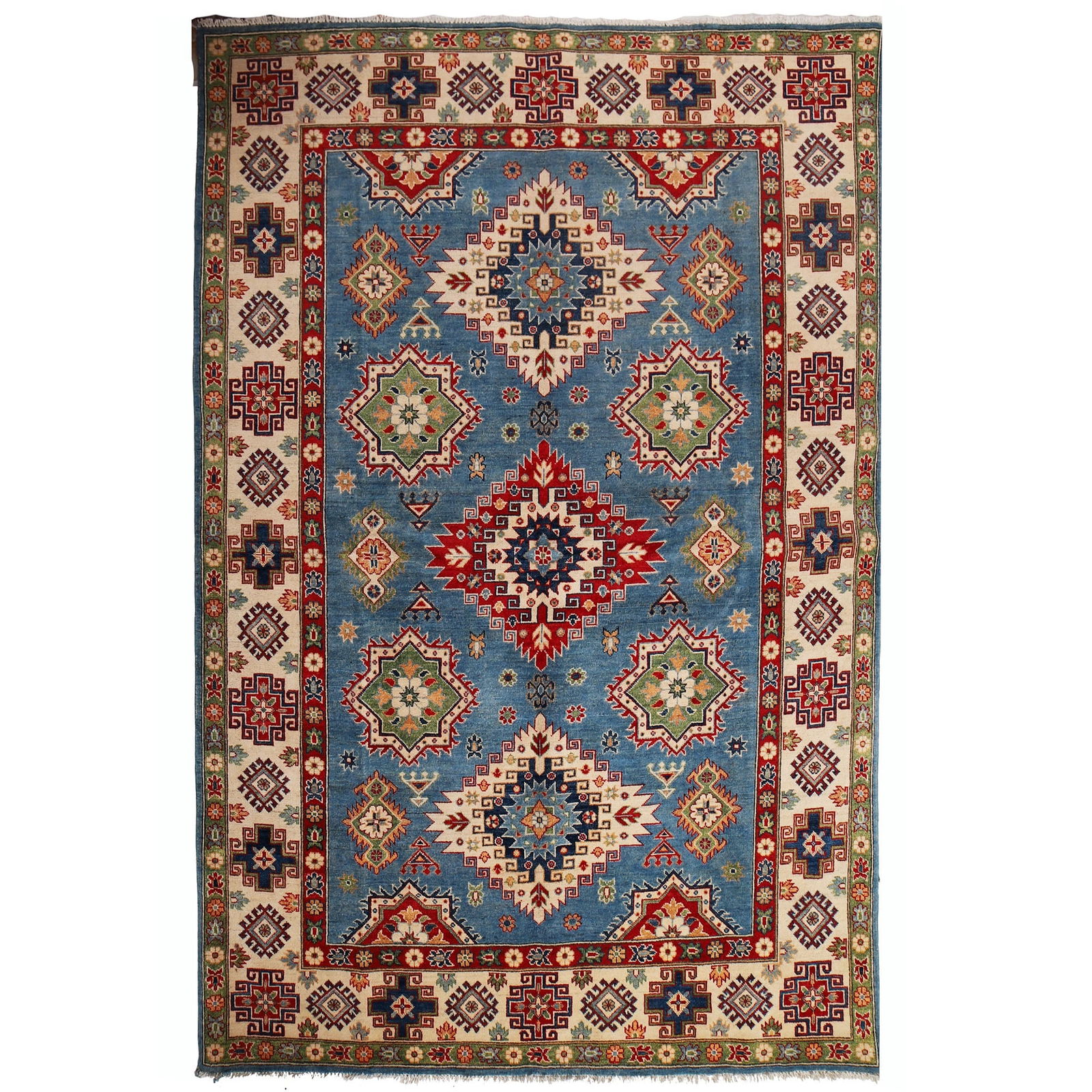 Handmade Blue Kazak Rug 6.6' x 9.7' Natural Wool Artisan Craft: Handmade Blue Kazak Rug 6.6' x 9.7' Natural Wool Artisan Craft Free continental US Shipping Enhance your space with the vibrant charm of this Beautiful Handmade Blue Kazak Rug, expertly handcrafted by