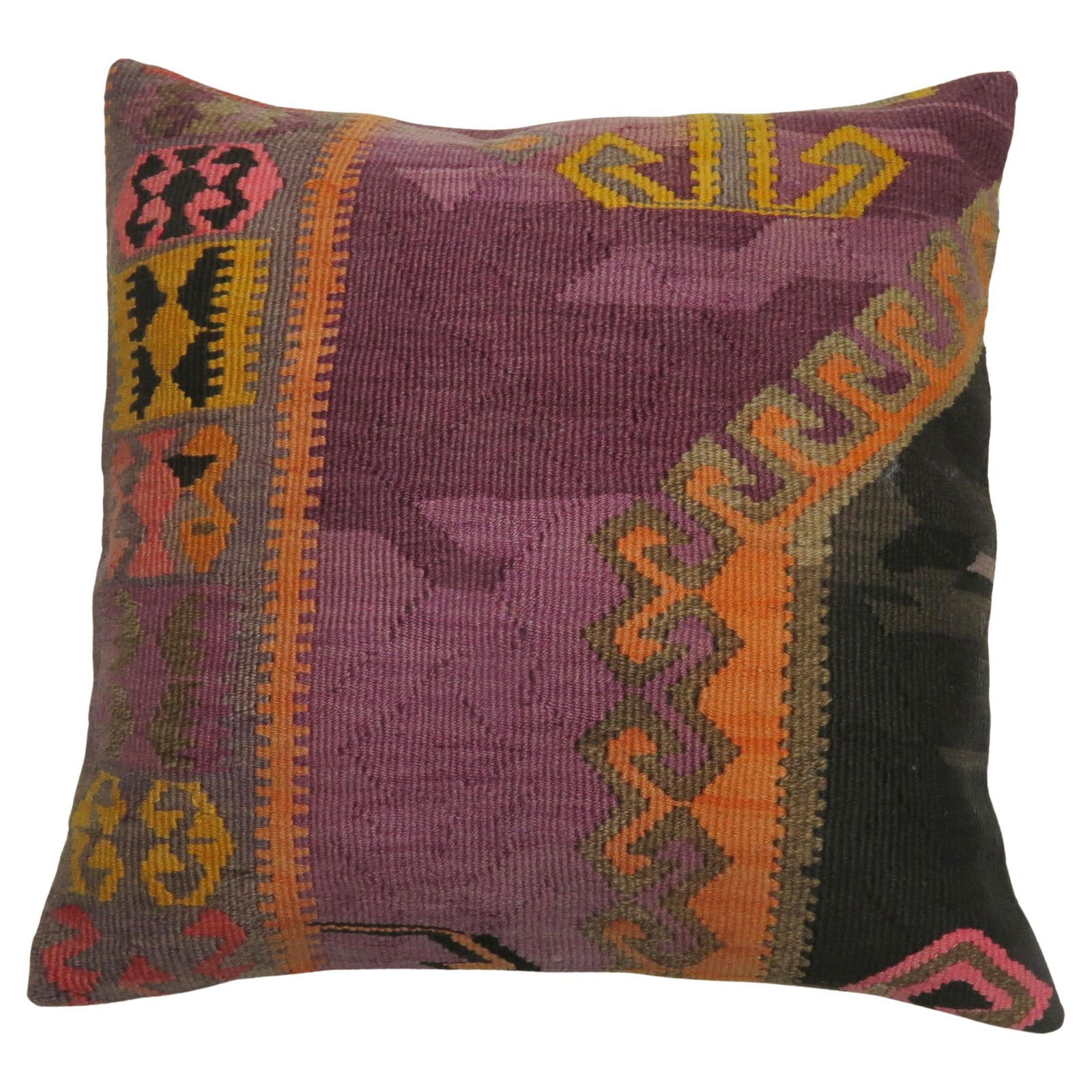 Antique Turkish Kilim Pillow Hand-Knotted Purple 20th Century 19x20: Antique Turkish Kilim Pillow Hand-Knotted Purple 20th Century 19x20 Add a touch of timeless elegance to your space with this vintage Turkish Kilim pillow, beautifully hand-knotted from cotton and wool