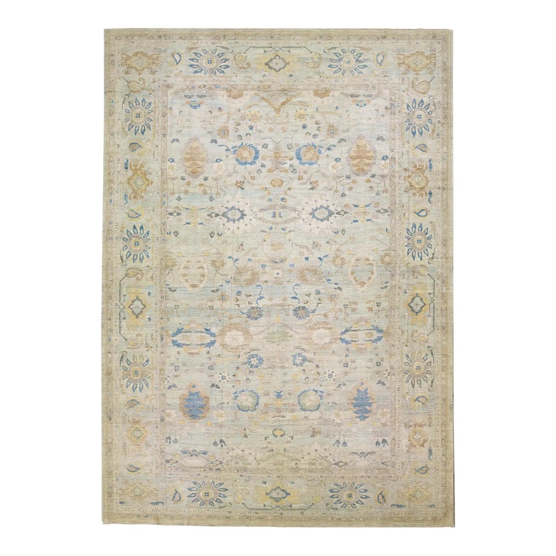 Oversized Handmade Blue Wool Sultanabad Rug with Floral Design: Oversized Handmade Blue Wool Sultanabad Rug with Floral Design This stunning oversized modern Sultanabad rug showcases a hand-knotted design in a light blue color field. The floral pattern is beautifu