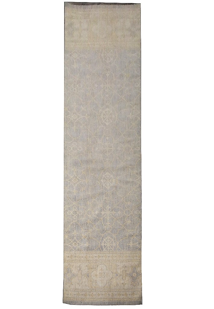 3'1 x 12'10 Pale Light Blue Hand-Knotted Chobi Peshawar Runner: 3'1 x 12'10 Pale Light Blue Hand-Knotted Chobi Peshawar Runner Free continental US Shipping Enhance your space with the exquisite 3' x 13' Pale Light Blue Chobi Peshawar Runner, a perfect fusion of tr