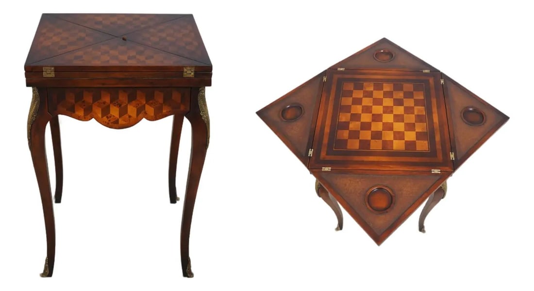 Theodore Alexander French Marquetry Games Table with Leather Accents (1 of 10)