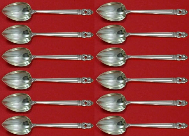 12 Piece Royal Danish Sterling Silver Grapefruit Spoon Set by International Silver: 12 Piece Royal Danish Sterling Silver Grapefruit Spoon Set by International Silver This exquisite custom set features 12 Royal Danish grapefruit spoons crafted from sterling silver, each measuring 6 i