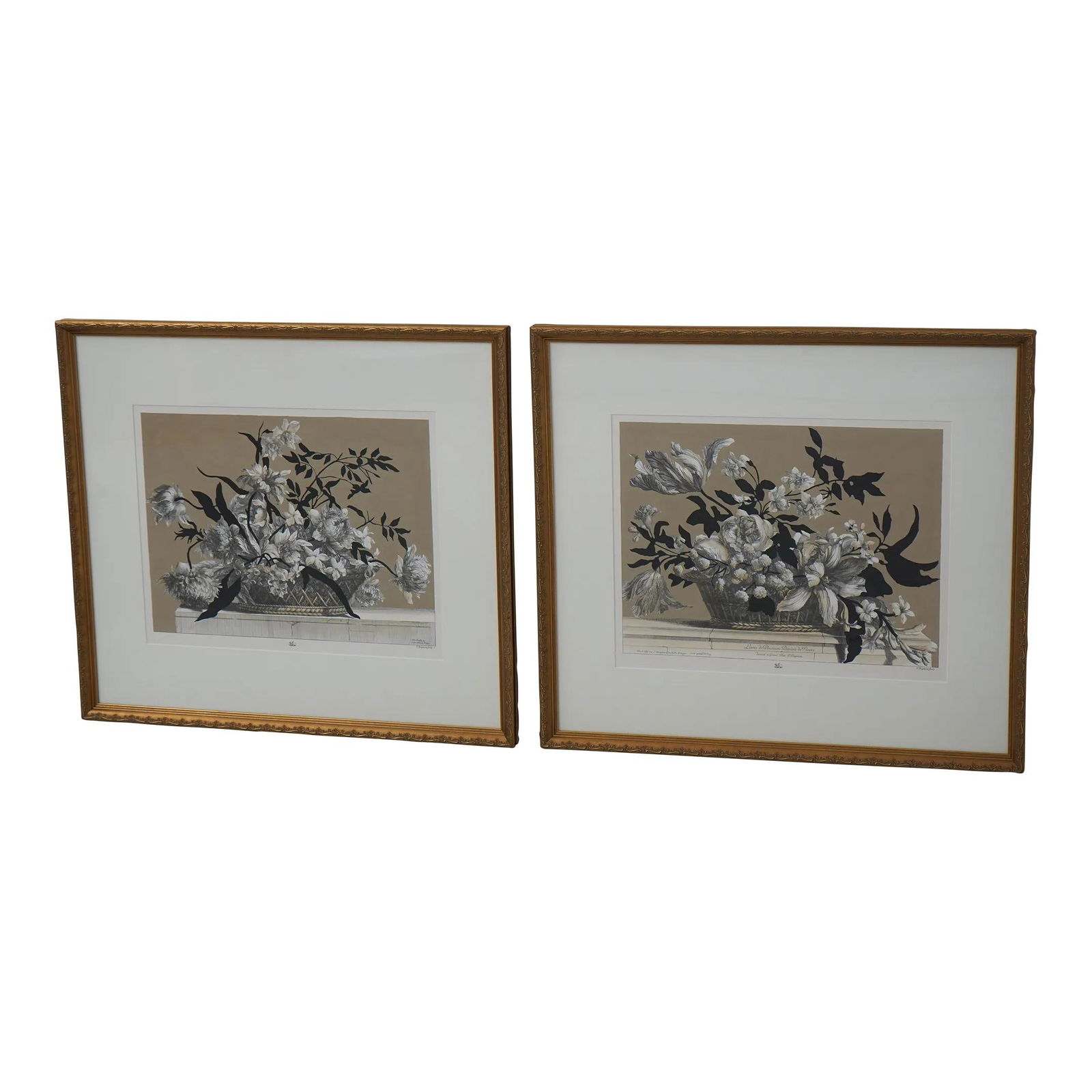 Vintage J. Baptiste Framed Floral Watercolors in Gold Finish: Vintage J. Baptiste Framed Floral Watercolors in Gold Finish This exquisite pair of floral watercolors by J. Baptiste Sculp showcases hand-colored engravings with vibrant details. Crafted over 50 year