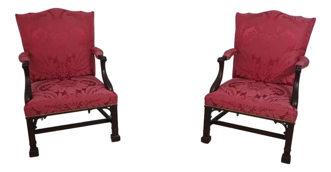 Set of Two Mahogany Chippendale Library Armchairs with Damask Fabric (1 of 10)