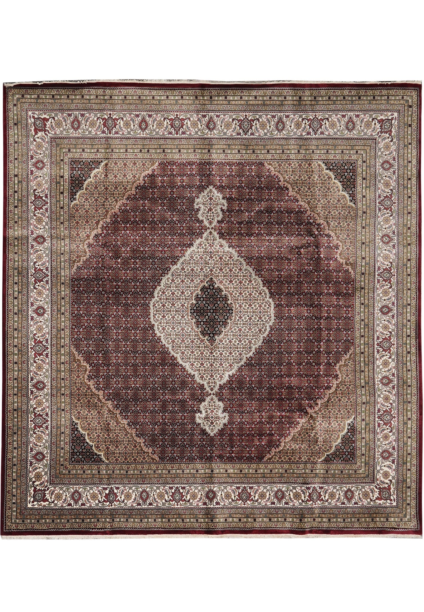 High Quality Handmade Tabriz Mahi Area Rug 10 x 10.3 Feet Ruby Wool Silk: High Quality Handmade Tabriz Mahi Area Rug 10 x 10.3 Feet Ruby Wool Silk Free continental US Shipping This exquisite Tabriz Mahi carpet combines the luxurious materials of wool and silk, creating a st