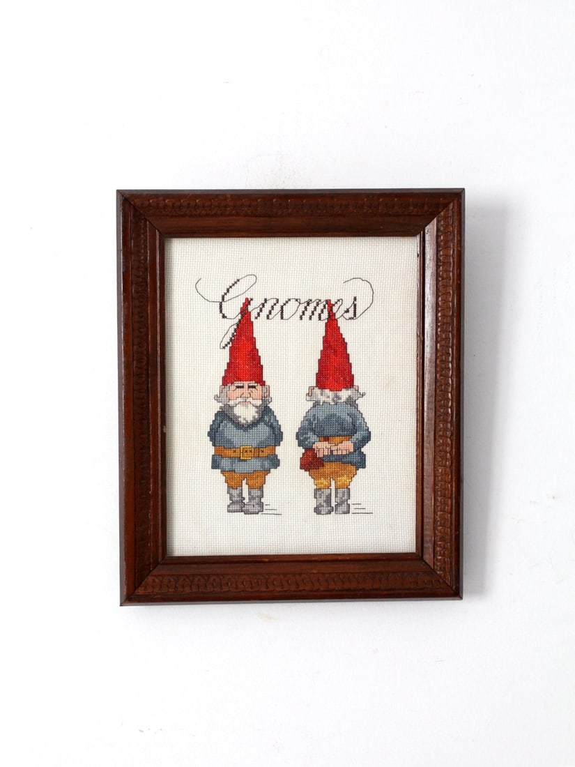 Framed Vintage Gnomes Cross-Stitch Art in Carved Wood (1 of 9)