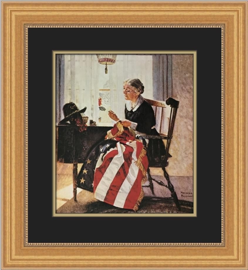 Norman Rockwell Mending The Flag Custom Framed Art Print: Norman Rockwell Mending The Flag Custom Framed Art Print This beautifully custom framed print titled "Mending The Flag" by Norman Rockwell showcases a classic Americana theme. Created in 1975, this me