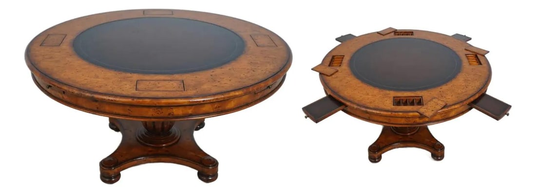 Theodore Alexander Walnut Game Table with Tooled Leather Top: Theodore Alexander Walnut Game Table with Tooled Leather Top This stunning Theodore Alexander game table features a beautifully crafted burl walnut design that showcases quality construction and timel